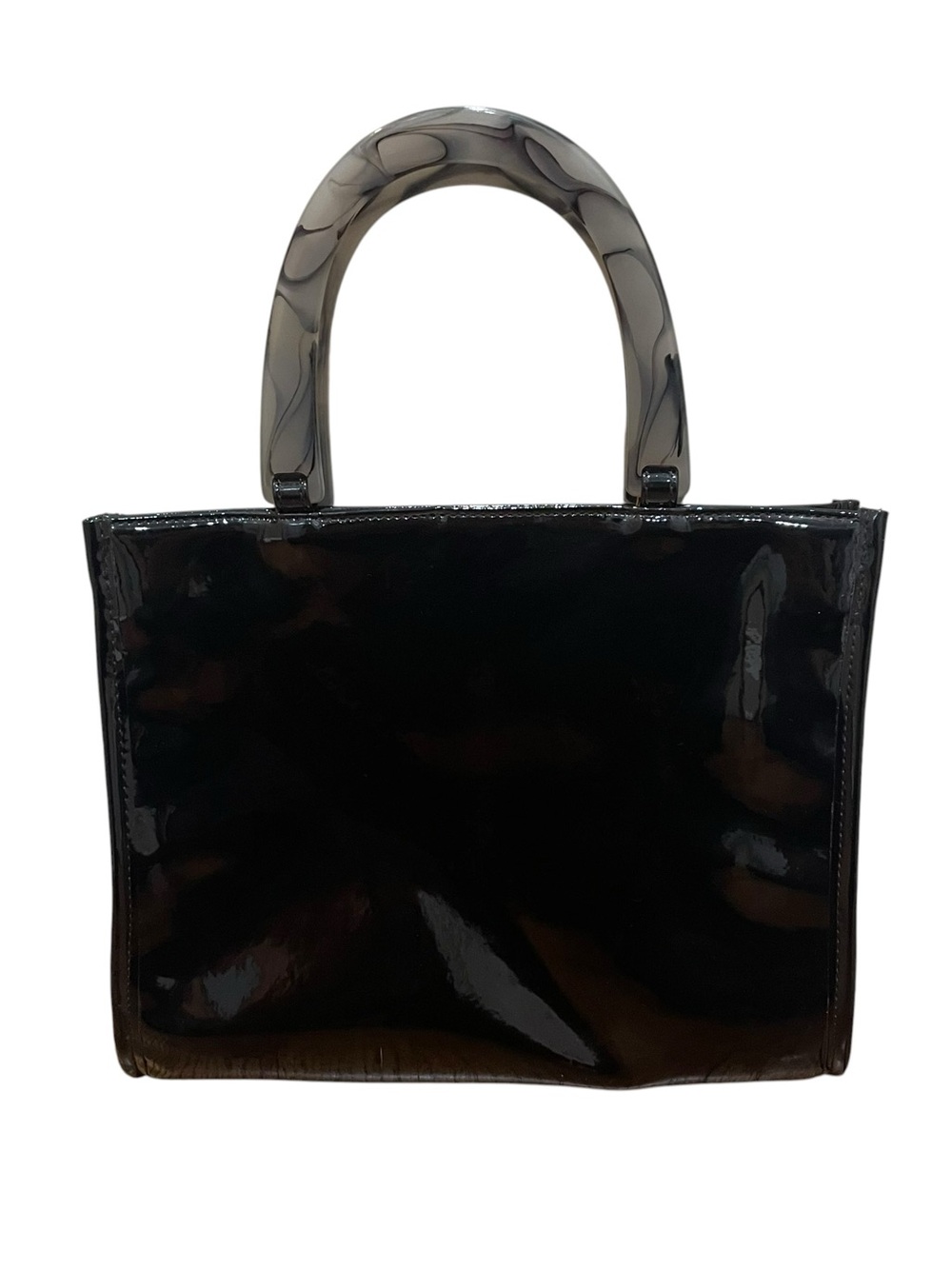 Neiman Marcus Black Patent Leather Mini Tote Bag Lucite Handle Womens Handbag